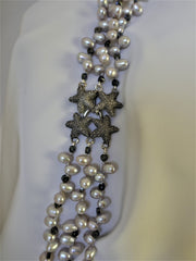 Three Strands Platinum Drop Cultured Pearls, Hematite Necklace Exclusive Oxidized Sterling Silver Starfish Clasp