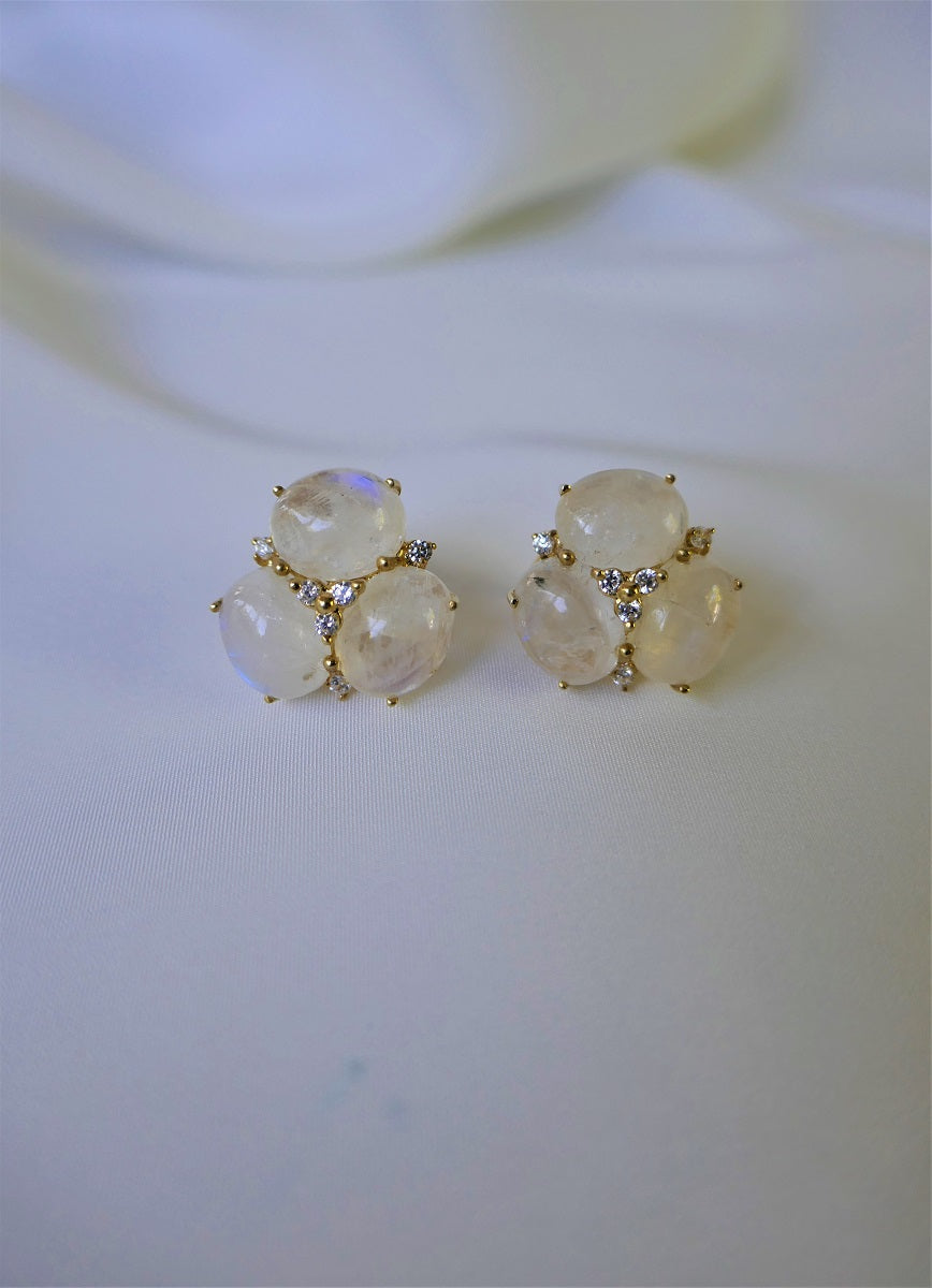 Rainbow Moonstone Cabochon 18k Gold Plated over 925 Sterling Silver Omega Post Faceted Cubic Zirconia Earrings