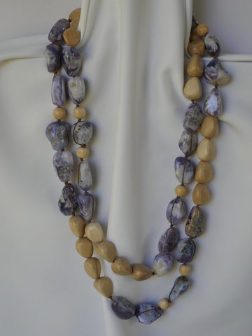 One Strand Light Wood and Chalcedeny Nuggets Long Necklace