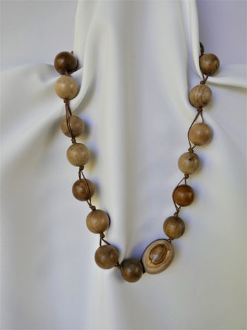 One Strand 20mm Wood & Agate Eye Beads Necklace