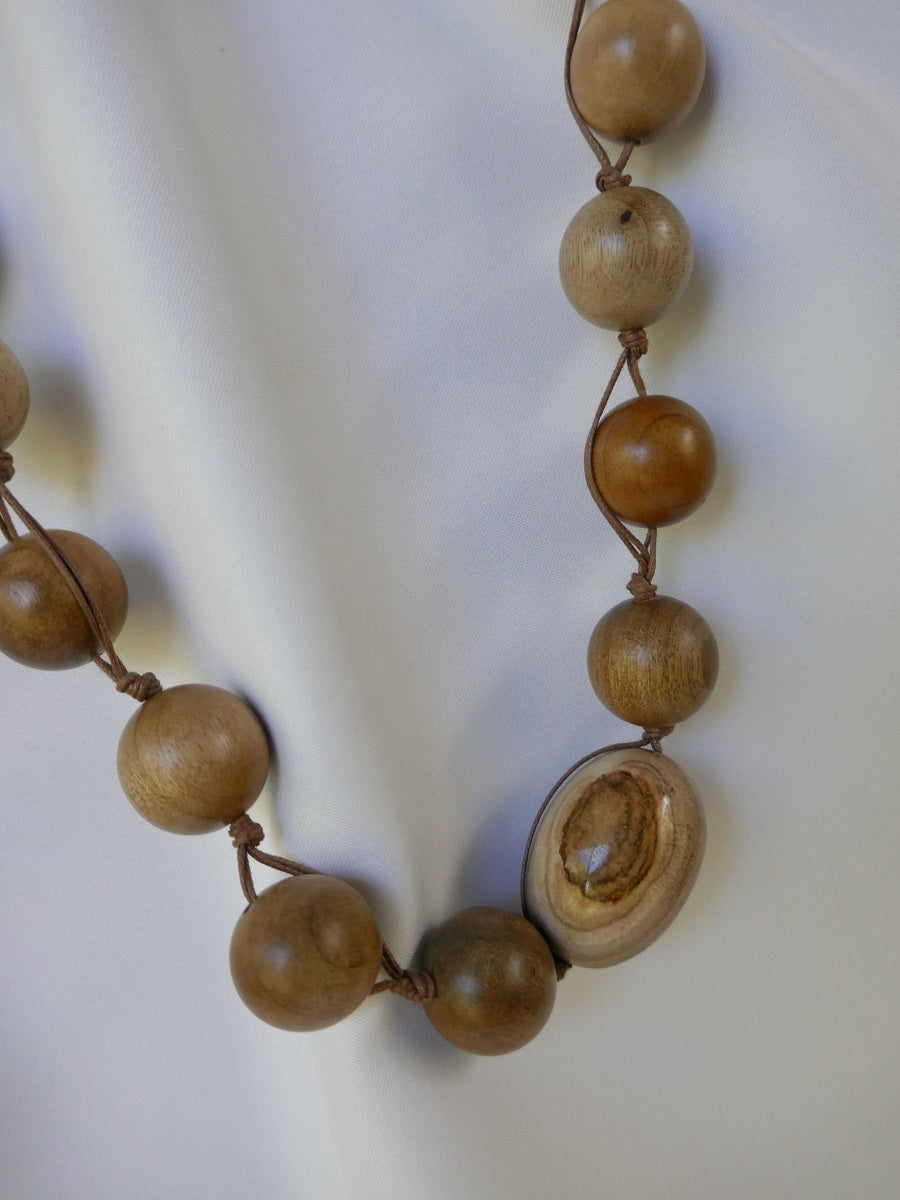 One Strand 20mm Wood & Agate Eye Beads Necklace