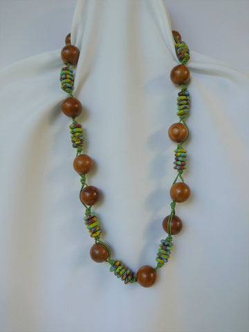 One Strand 20mm Wood & Murano like Glass Beads Necklace