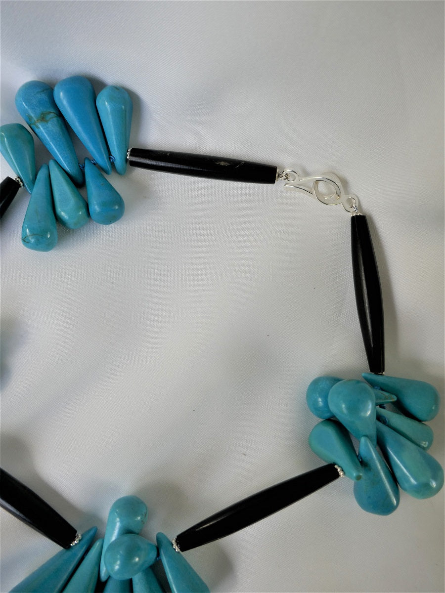 One Strand Stabilized Turquoise Drops Horn Tubes & Sterling Silver Roundels Semi-Precious Stone Necklace